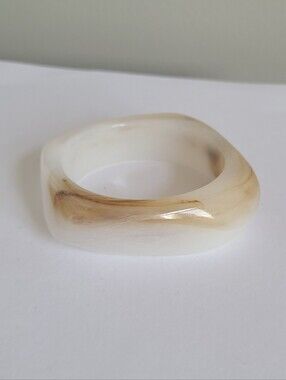 Vintage Chunky Boho Asymetrical Thick White Brown Resin Wide Bangle Bracelet